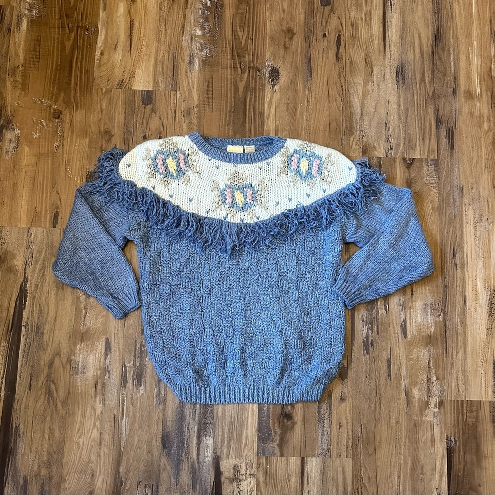 VTG 80s 90s Blue Floral Fringe Chunky Knit Sweater - Picture 4 of 8